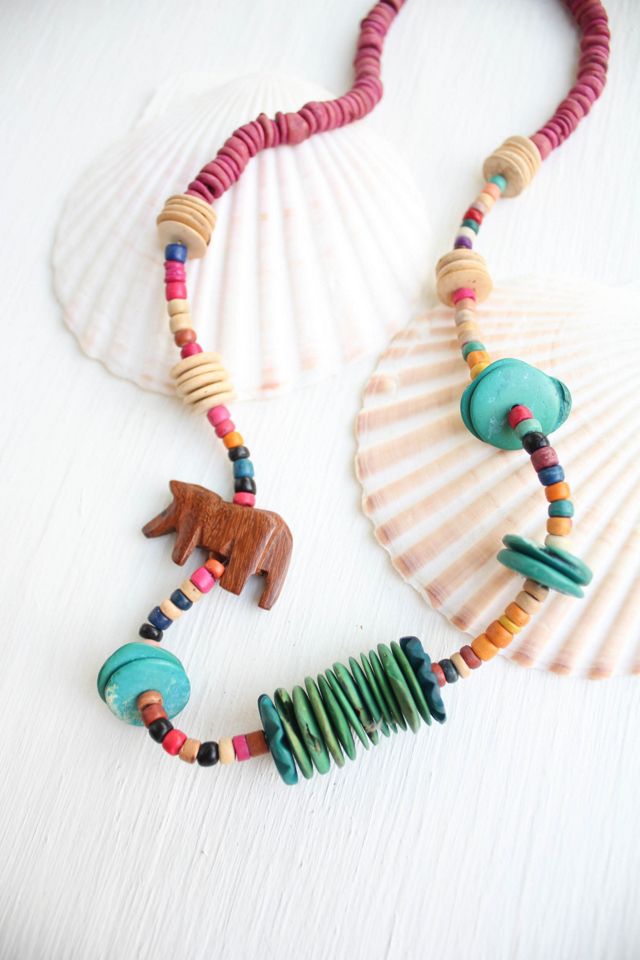 Vintage Tropical Folk Art Wood Beaded Necklace Selected By Moons + Junes Vintage #1