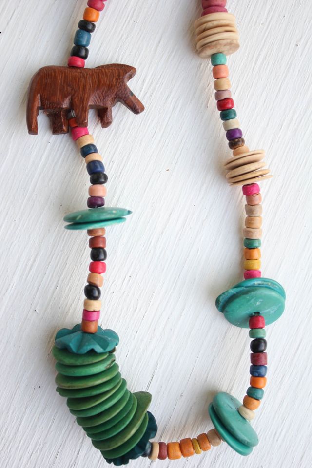 Vintage Tropical Folk Art Wood Beaded Necklace Selected By Moons + Junes Vintage #2