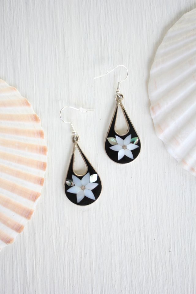 Vintage Mother of Pearl Abalone Flower Earrings Selected By Moons + Junes Vintage #1