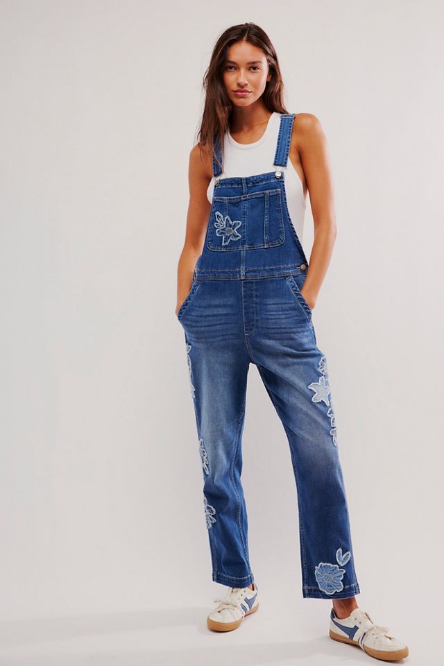 NWT Free People DRIFTWOOD top Brady Stripe BAGGY BOYFRIEND OVERALLS Embroidered Jean