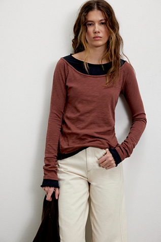 We The Free Two's A Charm Long Sleeve at Free People in Root Beer/Black, Size: Large