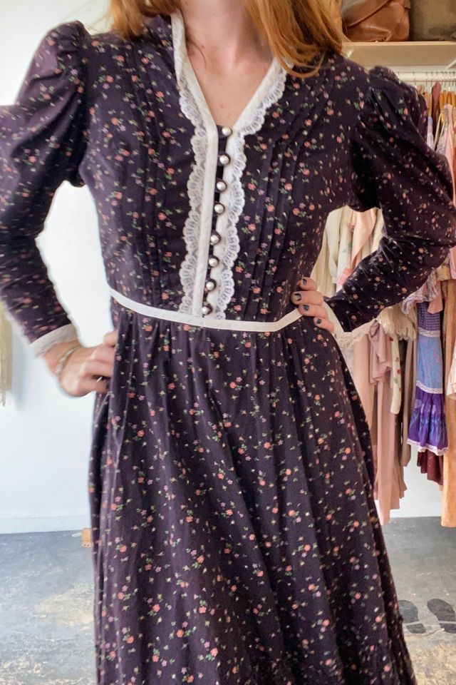 Vintage Dark Purple Floral Prairie Midi Dress Selected by The Curatorial Dept. #1