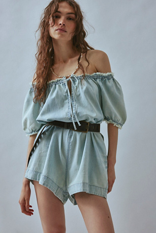 We The Free Daisy Denim Babydoll Romper at Free People in August Blue, Size: Medium