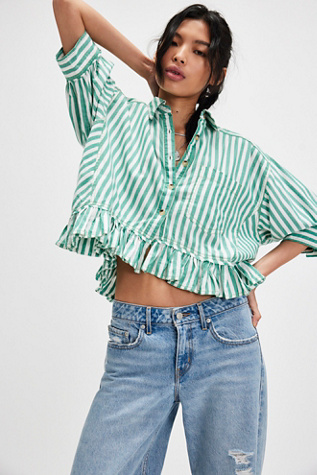 We The Free Bailey Stripe Shirt at Free People in French Green Combo, Size: XL
