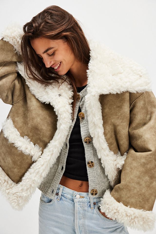 NWT Free People Lindsay Faux Fur retailer Leather Sherpa Coat