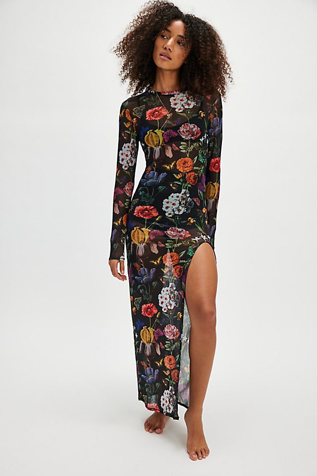 flower mesh dress PatBO Sirena Maxi in Lavender Floral lace straps flow into a lace Black Floral Dress - Sheer