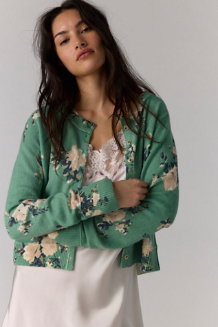 Nocturnal Patterned Cashmere Cardi at Free People in Celadon Combo, Size: XS