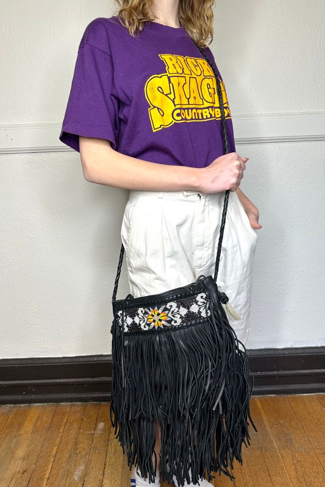 小物 KMRii leather fringe tie-die stole Vintage 1980s Black Leather Fringe and Beaded Bag Selected