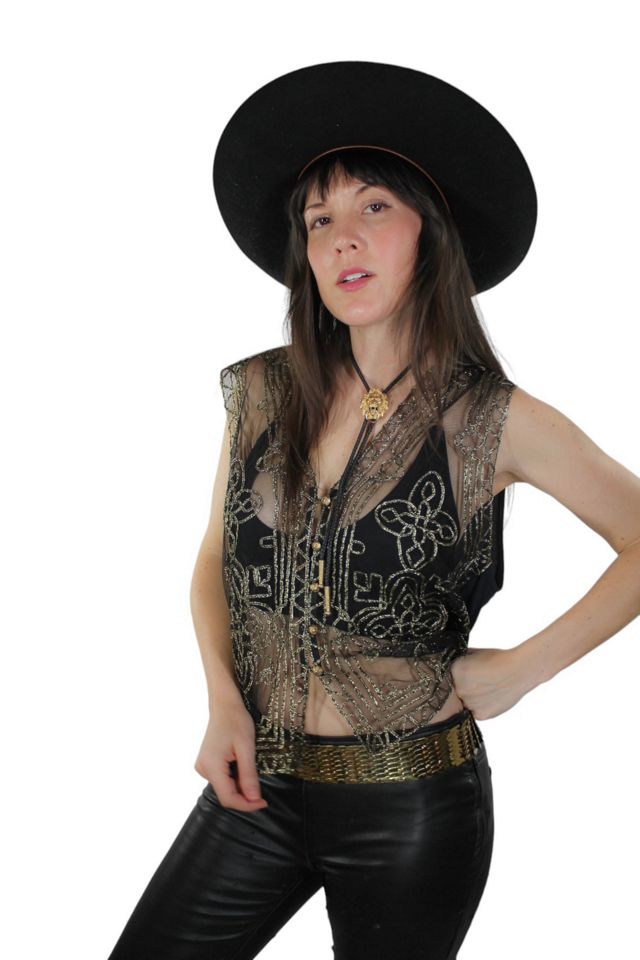 1980s Sheer Black + Gold Embroidered Vest Selected By Moons + Junes Vintage #1