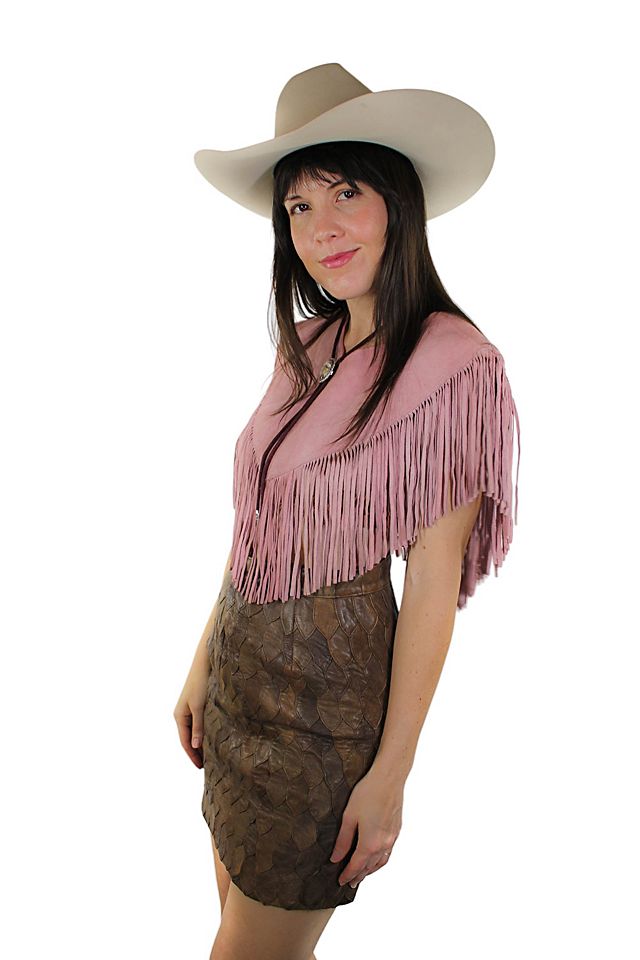 1970s Pink Leather Western Fringe Bolero Poncho Selected By 1970s Pink Leather Western Fringe Bolero Poncho Selected By
