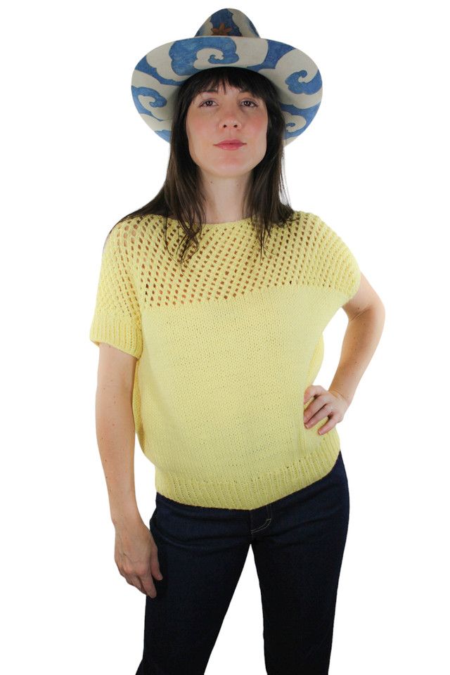 1980s Handmade Yellow Crochet Knit Top Selected By Moons + Junes Vintage #1