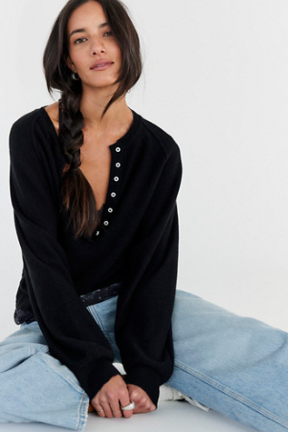 Porta Cashmere Henley Sweater at Free People in Black, Size: XS