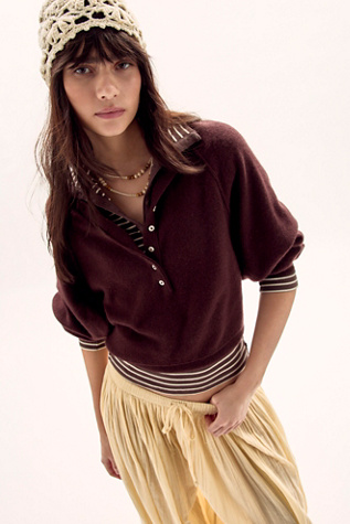 Porta Cashmere Henley Sweater at Free People in Chocolate, Size: XL