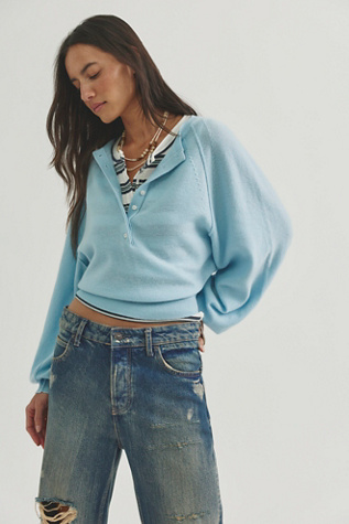 Porta Cashmere Henley Sweater at Free People in Frosted Blue, Size: XS