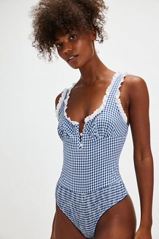 Cassie Bodysuit by Intimately at Free People in Blue Gingham, Size: Small