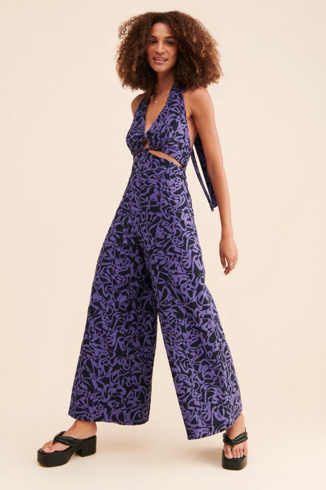 NWT Free People Kira Jumpsuit Purple/black Wide popular Leg Retro size L New With tag Y