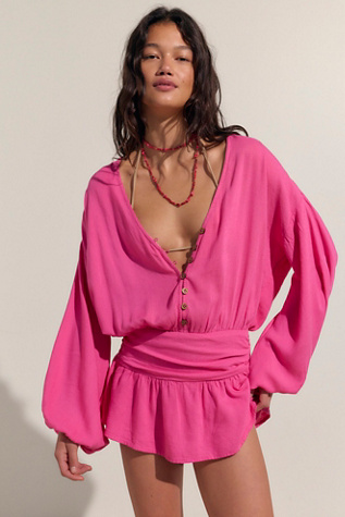 Carson Drop-Waist V-Neck Linen Romper by free-est at Free People in Pink, Size: L