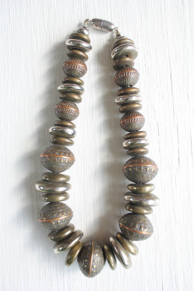 Vintage Embossed Graduated Chunky Bronze Beaded Collar Necklace Selected By Moons + Junes Vintage #3
