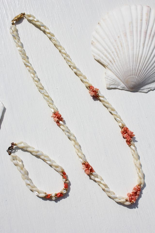 Vintage Mother of Pearl Shell Coral Beaded Necklace + Bracelet Set #3
