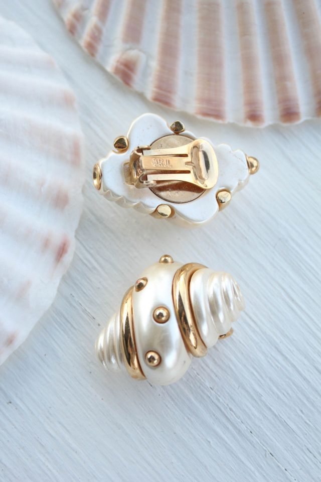 1980s Gold Pearl Shell Clip On Earrings Selected By Moons + Junes Vintage #1