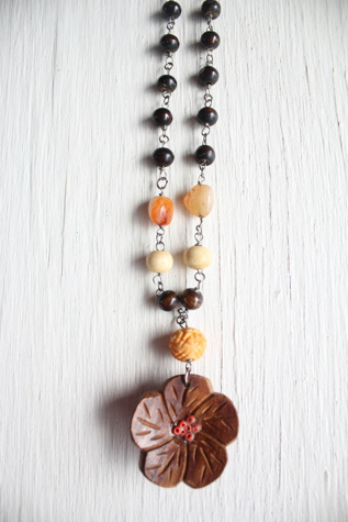 Vintage Koa Wood Hawaiian Floral Pendant  Necklace Selected By Moons + Junes Vintage