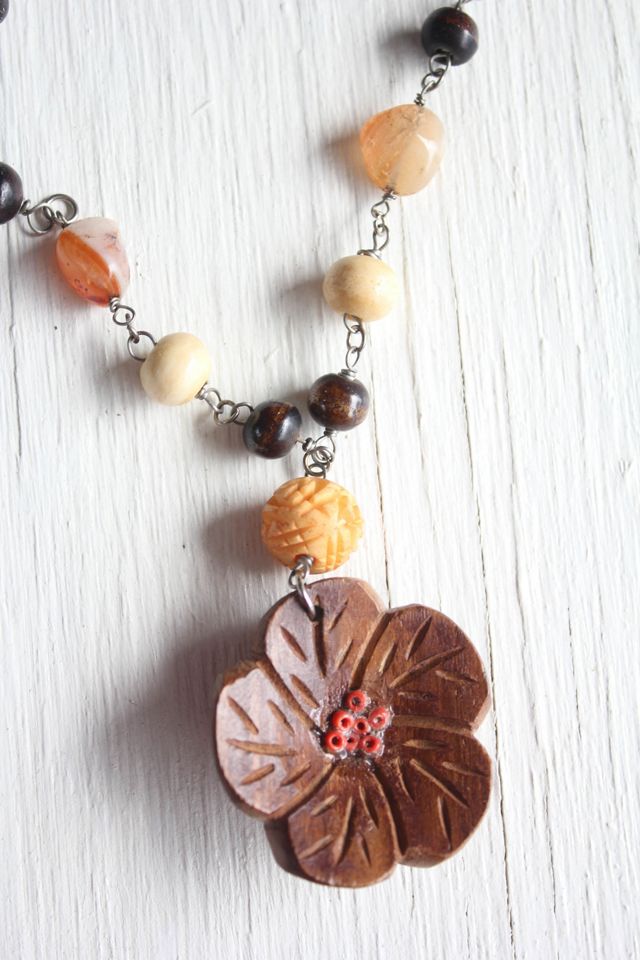 Vintage Koa Wood Hawaiian Floral Pendant  Necklace Selected By Moons + Junes Vintage #1