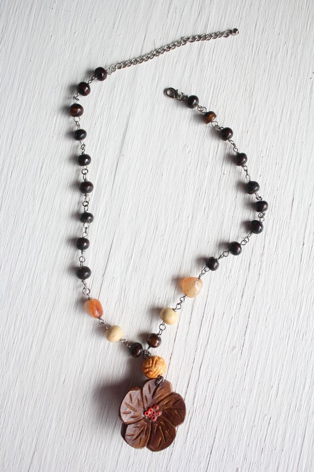 Vintage Koa Wood Hawaiian Floral Pendant  Necklace Selected By Moons + Junes Vintage #2