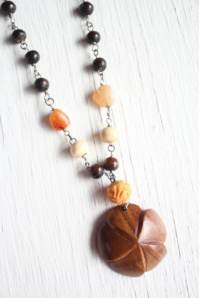 Vintage Koa Wood Hawaiian Floral Pendant  Necklace Selected By Moons + Junes Vintage #3