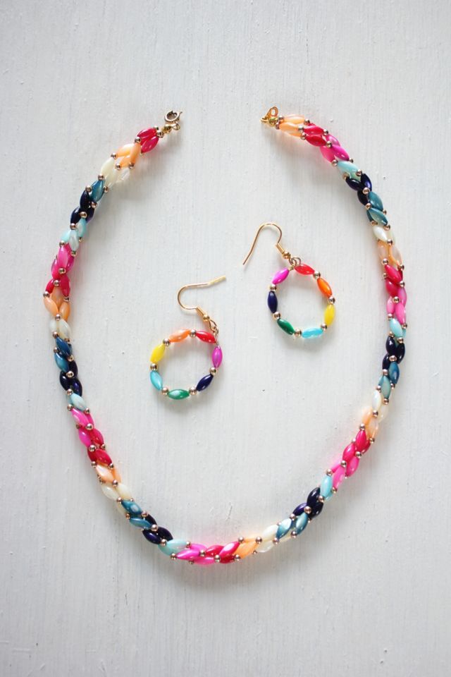 Vintage Rainbow Glass Beaded Necklace & Earring Set Selected By Moons + Junes Vintage #3
