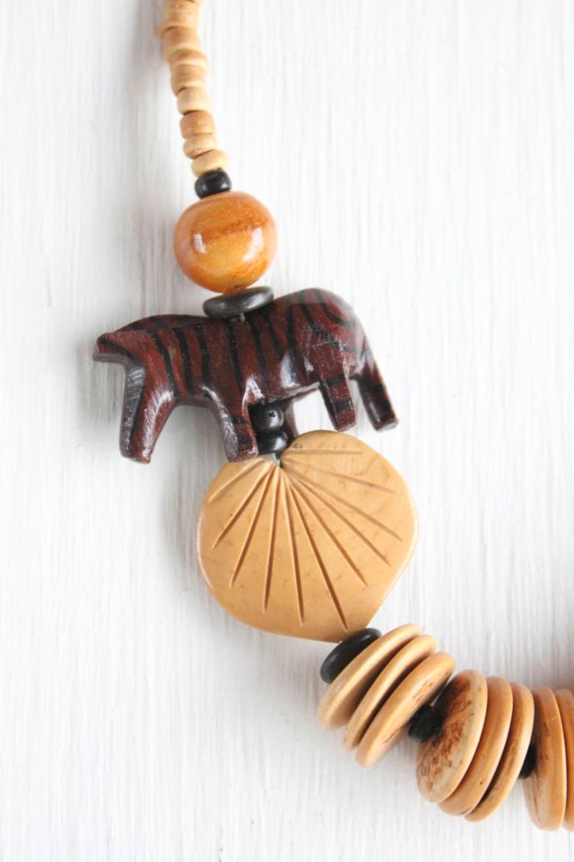 Vintage Wooden Beaded Zebra Folk Art Necklace Selected By Moons + Junes Vintage #2