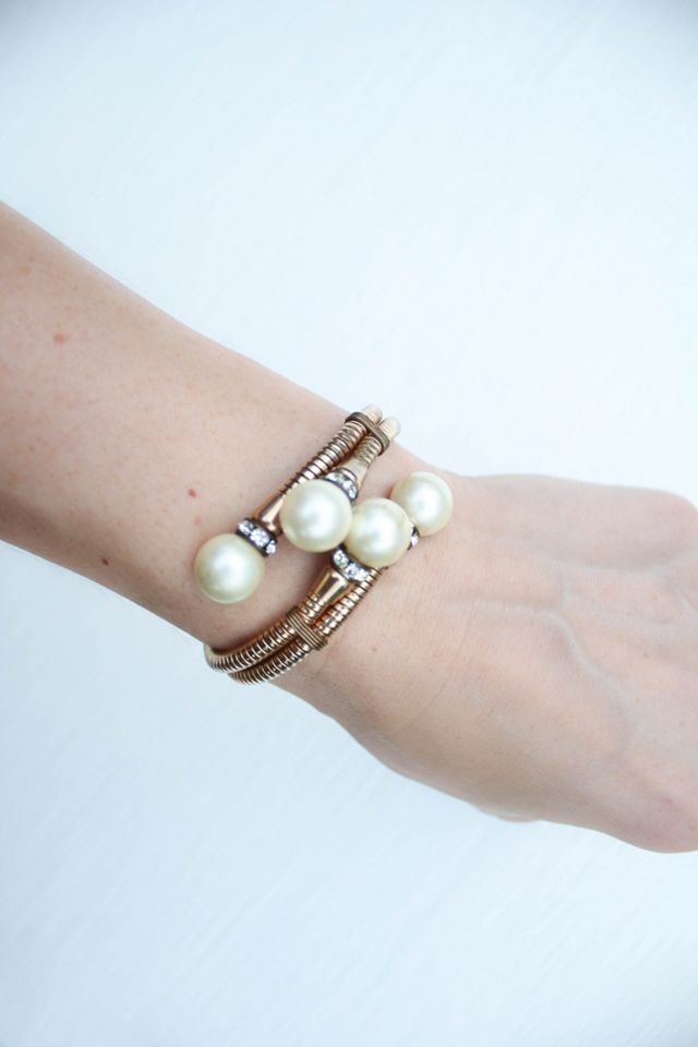Vintage Gold Coil Wrap Pearl Rhinestone Bracelet Selected By Moons + Junes Vintage #1