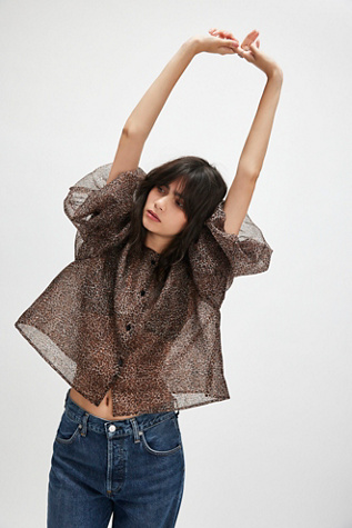 Chemisier Femme FREE PEOPLE Vert Olive Foncé - Taille S - Manches Ballon - Occasion Très Bon état
