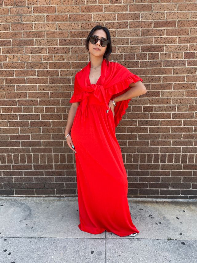 Vintage 1970's Red Maxi with Ruffle Shawl Selected by FernMercantile #1