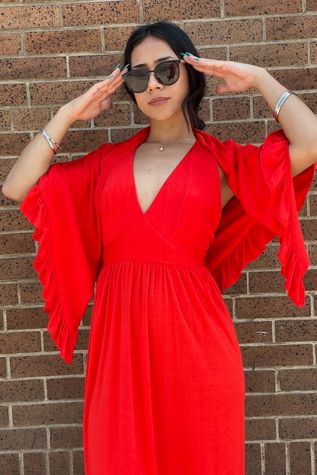 Vintage 1970's Red Maxi with Ruffle Shawl Selected by FernMercantile