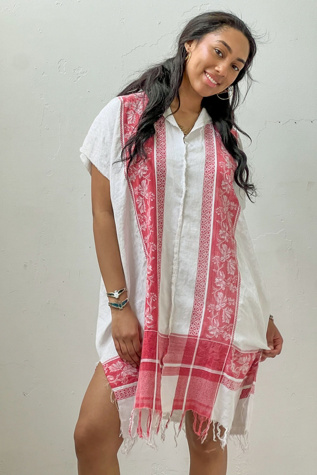 Anna Corinna Reworked Vintage Rouge Blanc Woven Damask Smock Dress