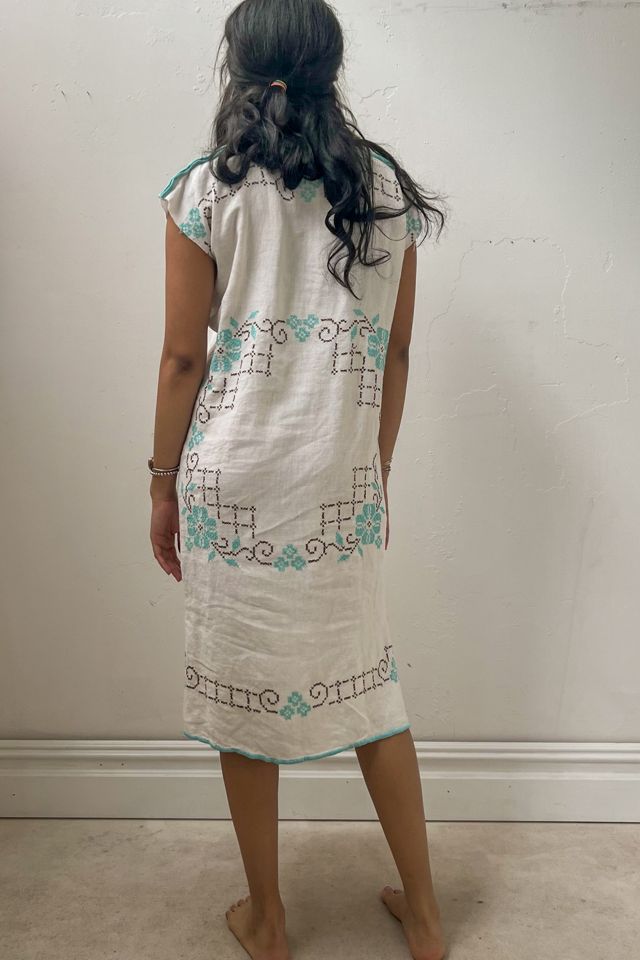 Anna Corinna Reworked Vintage Turquoise Flower Cross Stitch Smock Dress #1
