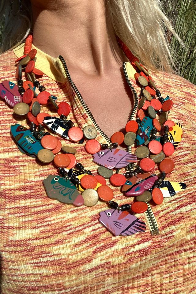 Vintage 1990s Wooden Fish and Beads Necklace Selected by Cherry #1