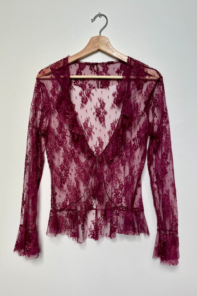 Free People Sheer Magenta Button UP deals Lace Blouse