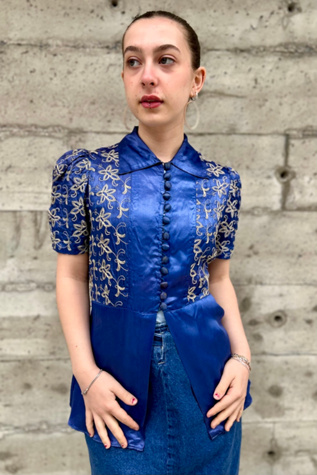 1940’s Embroidered Royal Blue Silk Blouse Selected by Nomad Vintage