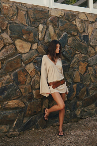 Good Feels V-Neck Mini Dress by free-est at Free People in Tan, Size: L
