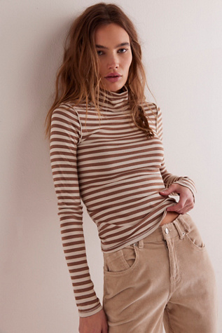 We The Free Good Good Stripe Turtleneck Top At Free People In Otter/Tea, Size: XS