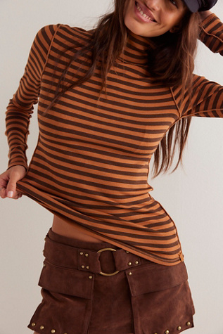 We The Free Good Good Stripe Turtleneck Top at Free People in Brown Bear Combo, Size: XS