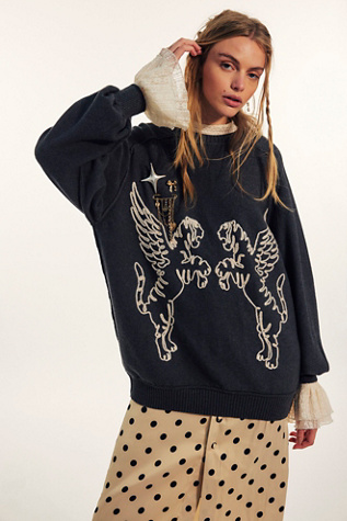 We The Free Graphic Crewneck Sweater At Free People In Black Combo, Size: Large