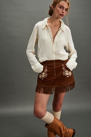 FP x Understated Leather Embroidered Studded Skirt at Free People in Tan, Size: Small