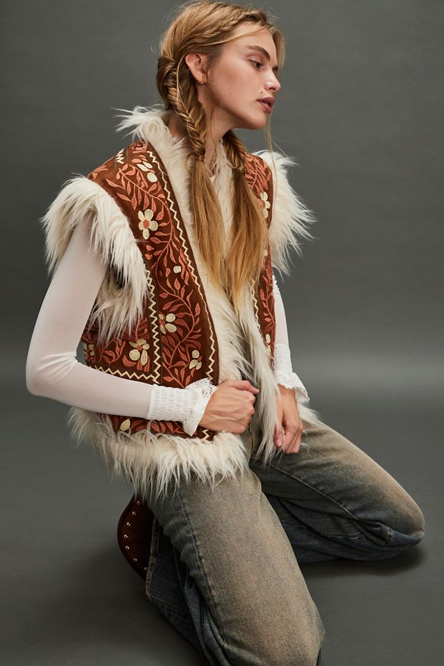 Understated Leather Embroidered Fur Vest | Free People