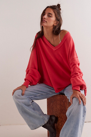 We The Free Venice V-Neck Sweatshirt at Free People in Red Coral, Size: XS