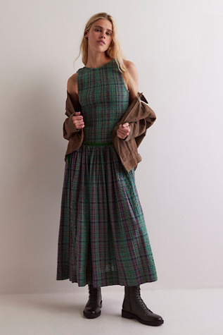 Nightingale Plaid Midi Dress At Free People In Green Combo, Size: XS