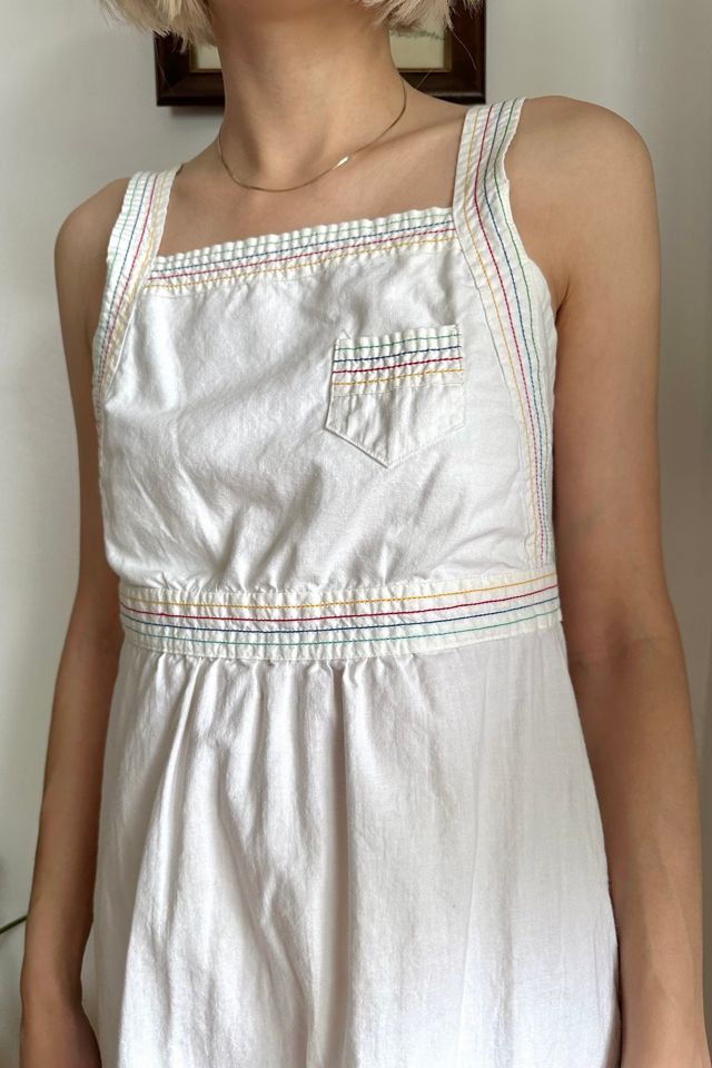 Vintage 1970s Rainbow Stitched White Cotton Dress Selected by Grievous Angel Vintage #1