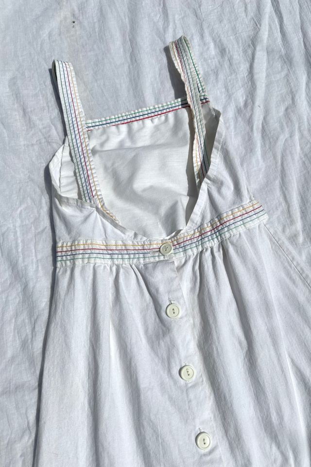 Vintage 1970s Rainbow Stitched White Cotton Dress Selected by Grievous Angel Vintage #3