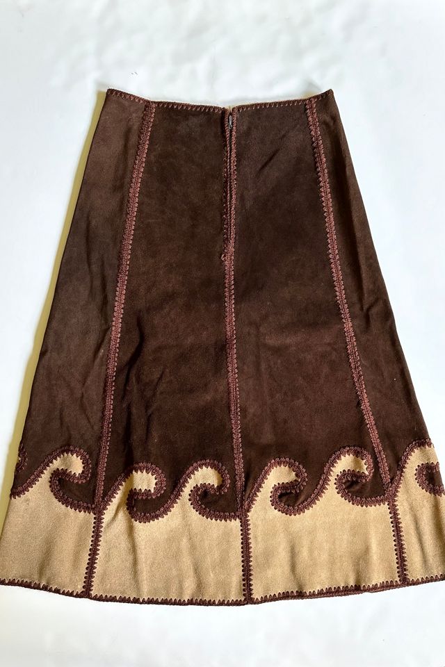 Vintage 1970s Brown Suede Patchwork Wave Maxi Skirt Selected by Cherry #1